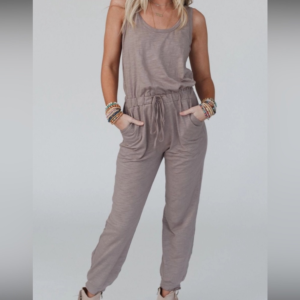 Three Bird Nest Mocha Tan Brown Long Sleeve Jumpsuit Cardigan Set Large - Picture 3 of 16